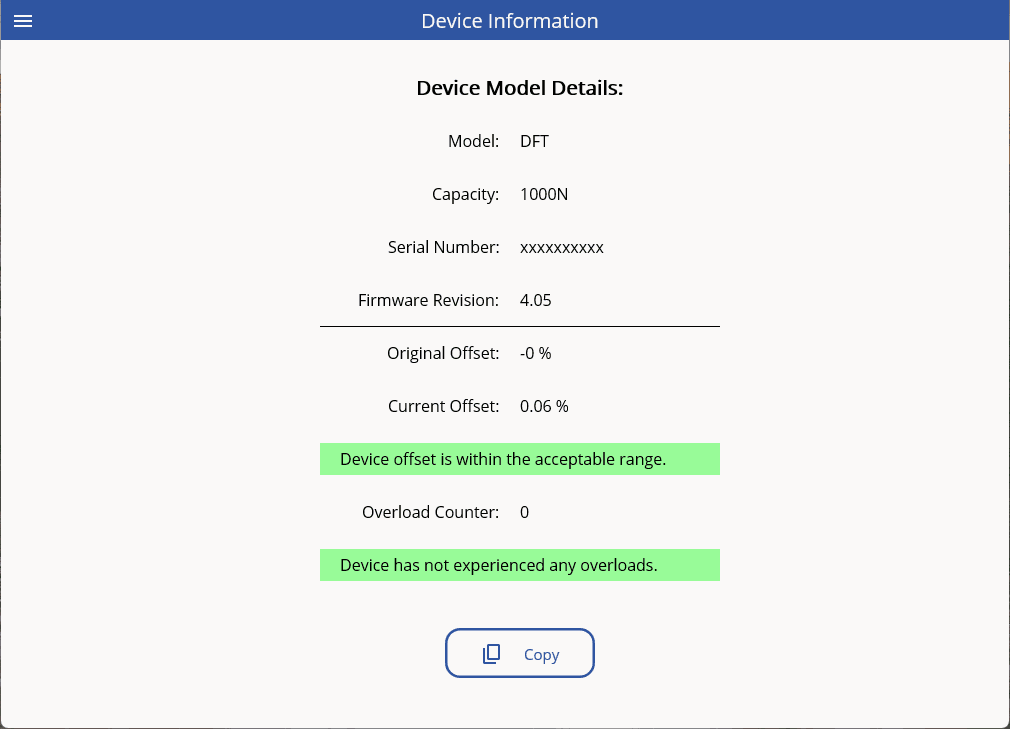 Device Information page: Shows device model details and diagnostics.