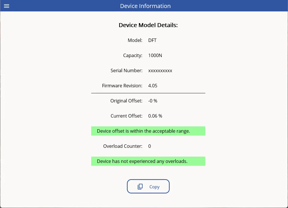 Device Information page: Shows device model details and diagnostics.