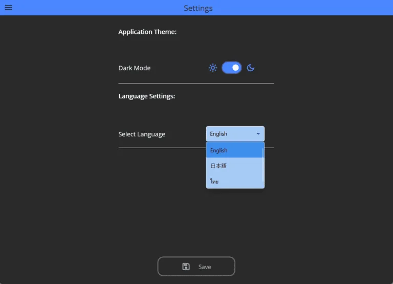 NexGraph settings page: Display settings in dark mode with theme switcher and available languages (English, Japanese, and Thai).