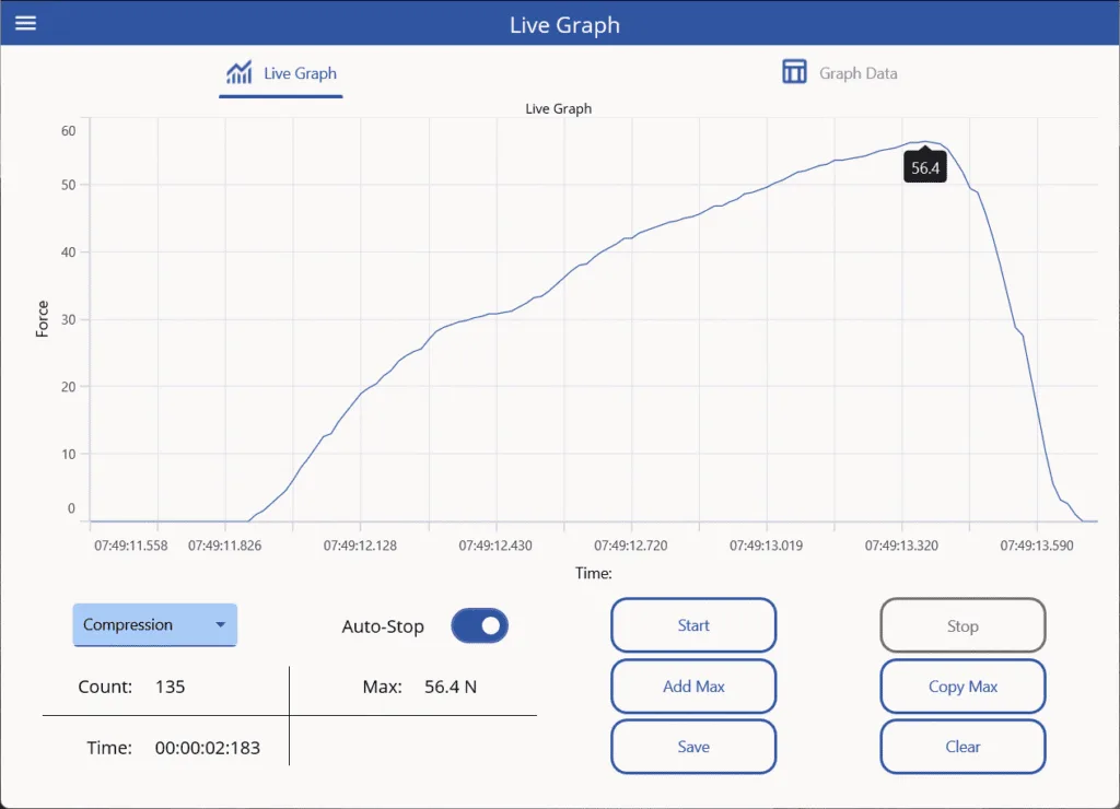 Live Graph page: Shows a graph with peak value of 56.4 N, along with some test information.